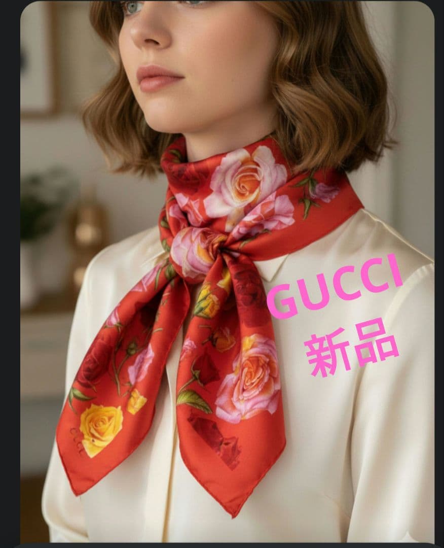 さ*し様 GUCCI大判スカーフ シルク100%バラ薔薇ローズ