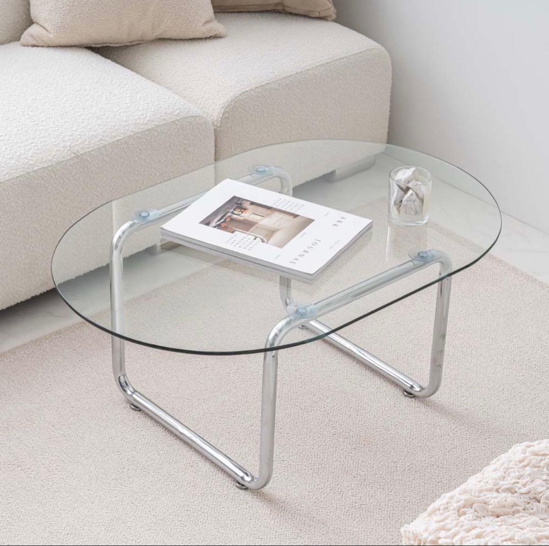 ガラステーブル ローテーブル 円形 クリア シルバー脚 90cm韓国インテリア