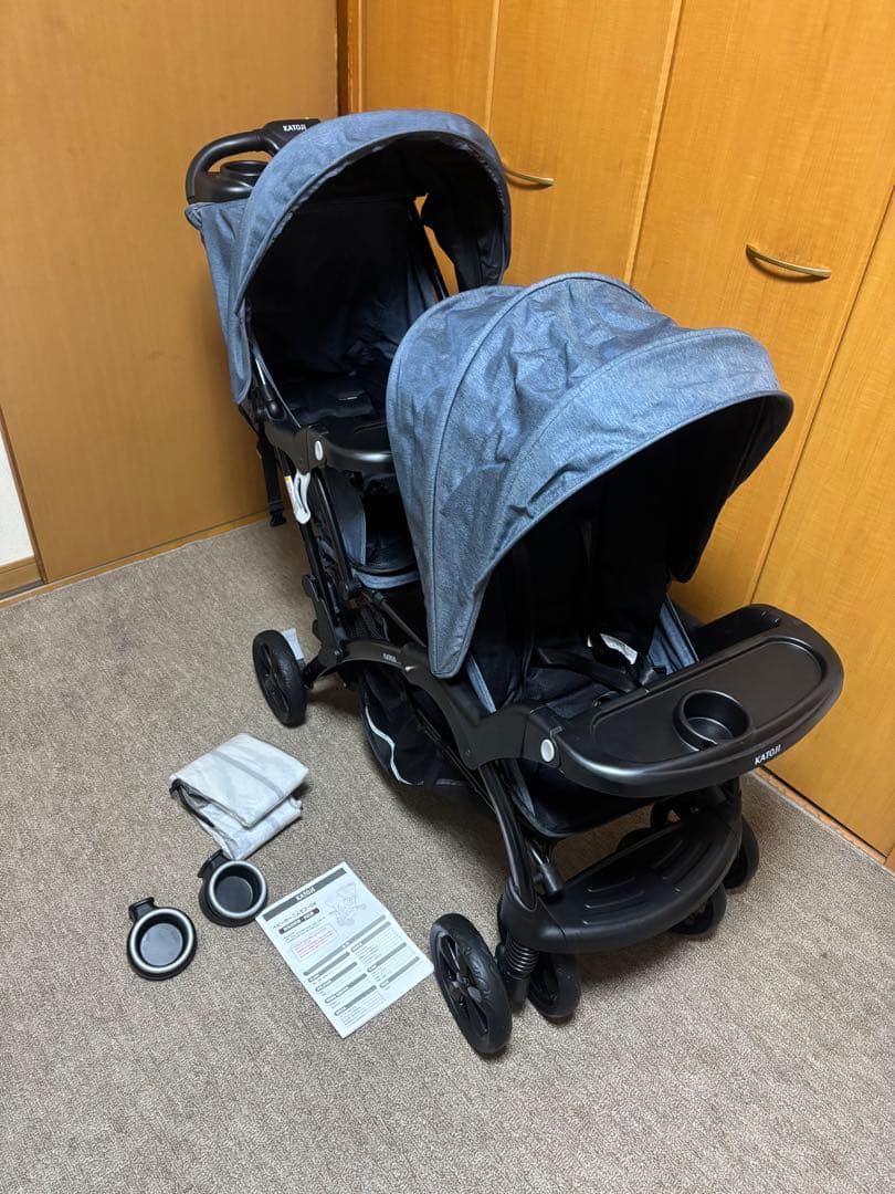 [極美品]KATOJI 二人乗りベビーカー 二人でゴーDXレインカバー付き