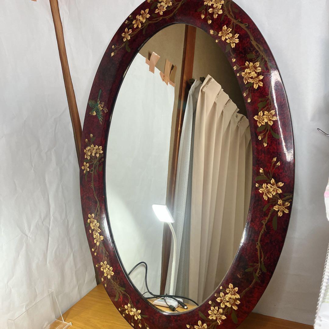 大型 ウォールミラー 鏡　楕円形 花柄 レトロ 壁掛けミラー インテリア