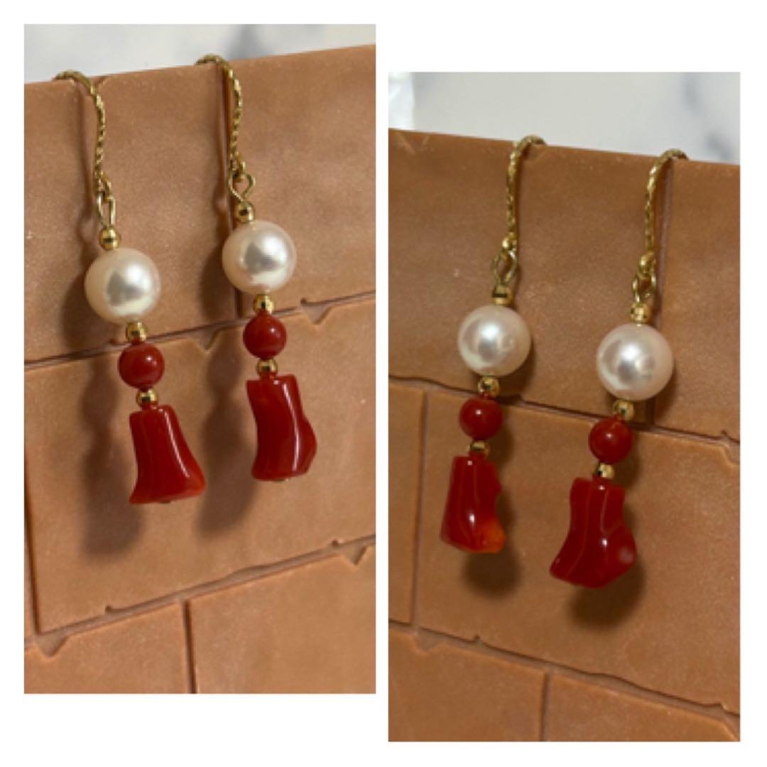 (M1020-4)K18YGアコヤ花珠真珠，赤珊瑚アメリカンピアス