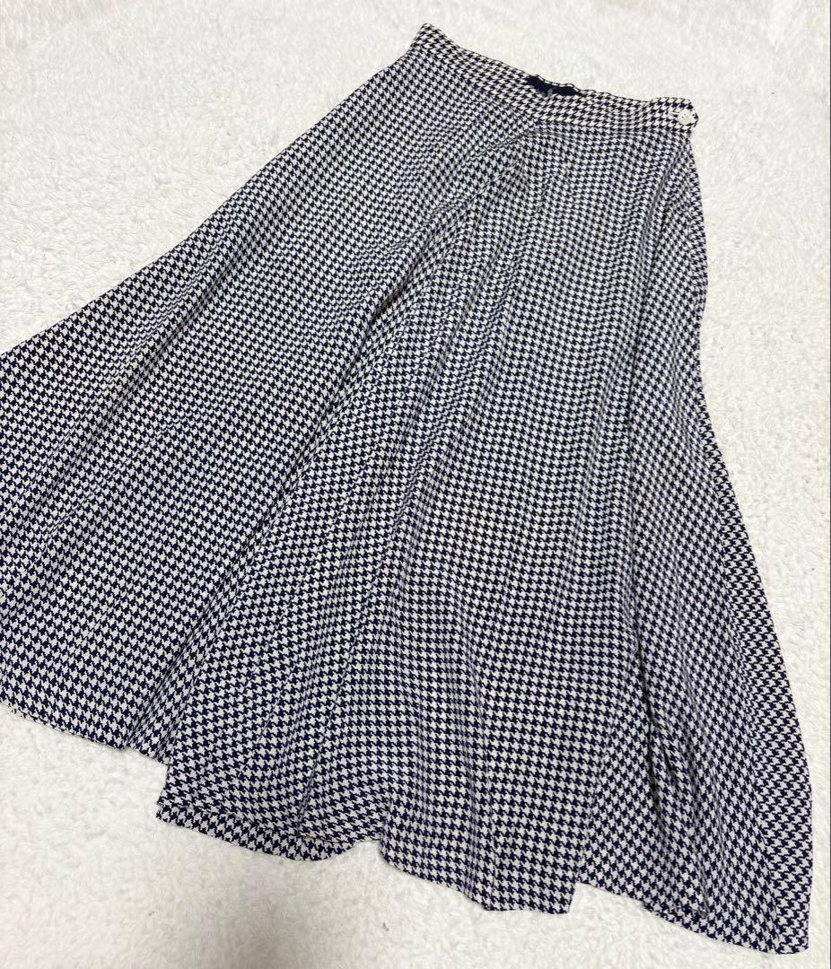 RALPH LAUREN 千鳥柄シルクロングスカート ネイビー
