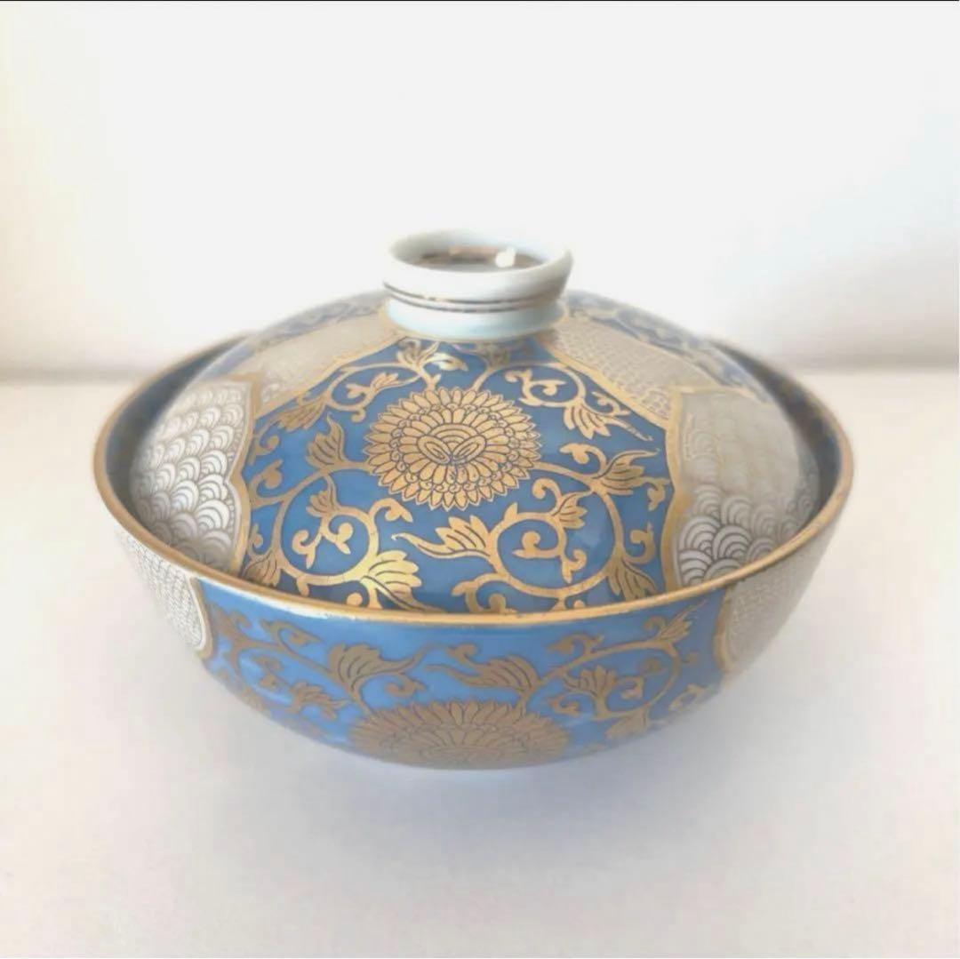 有田焼　徳幸窯　錦青地金彩菊華紋4寸蓋物 小鉢