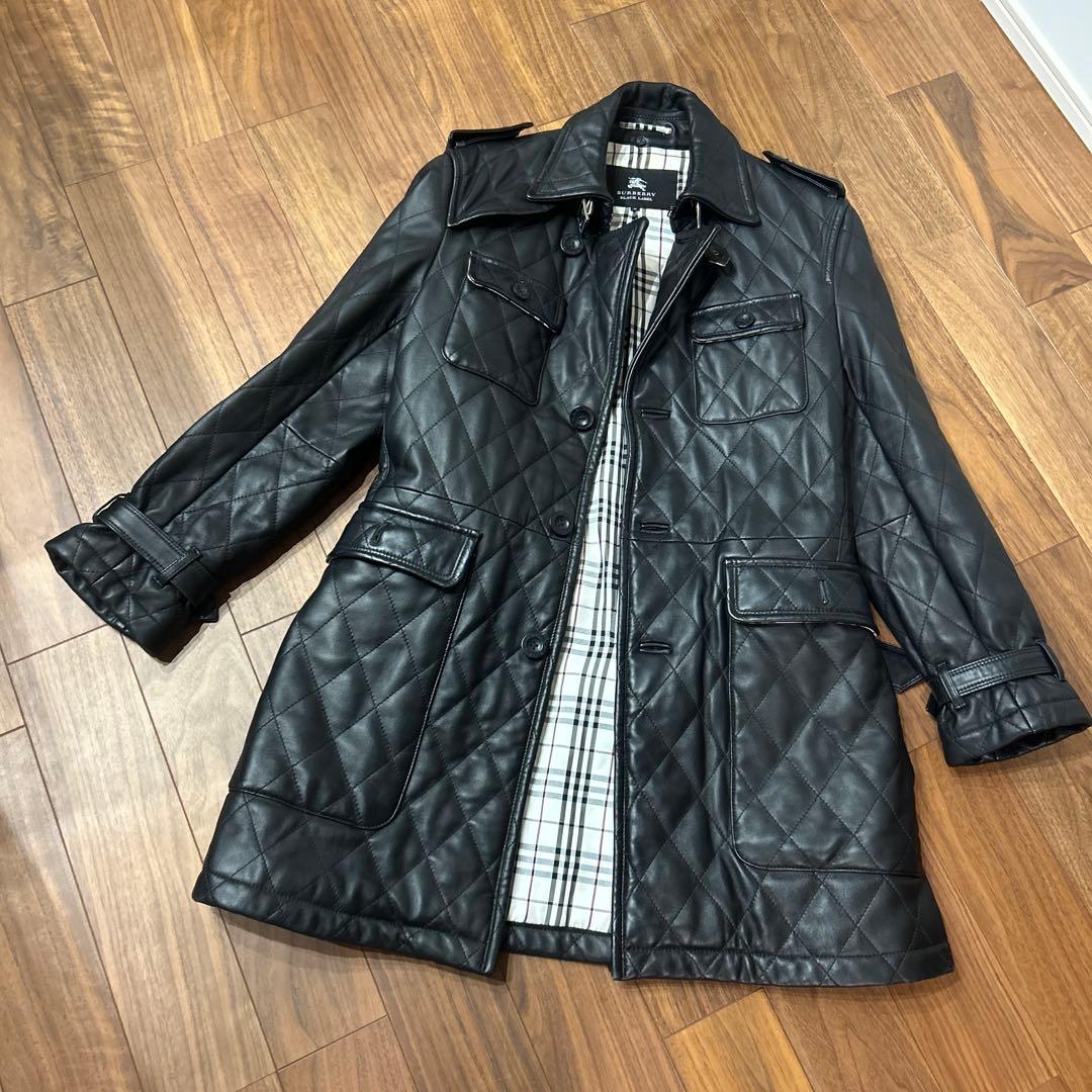高級　美品　バーバリー　レザーコート　ジャケット　ブラック　黒　M ロング