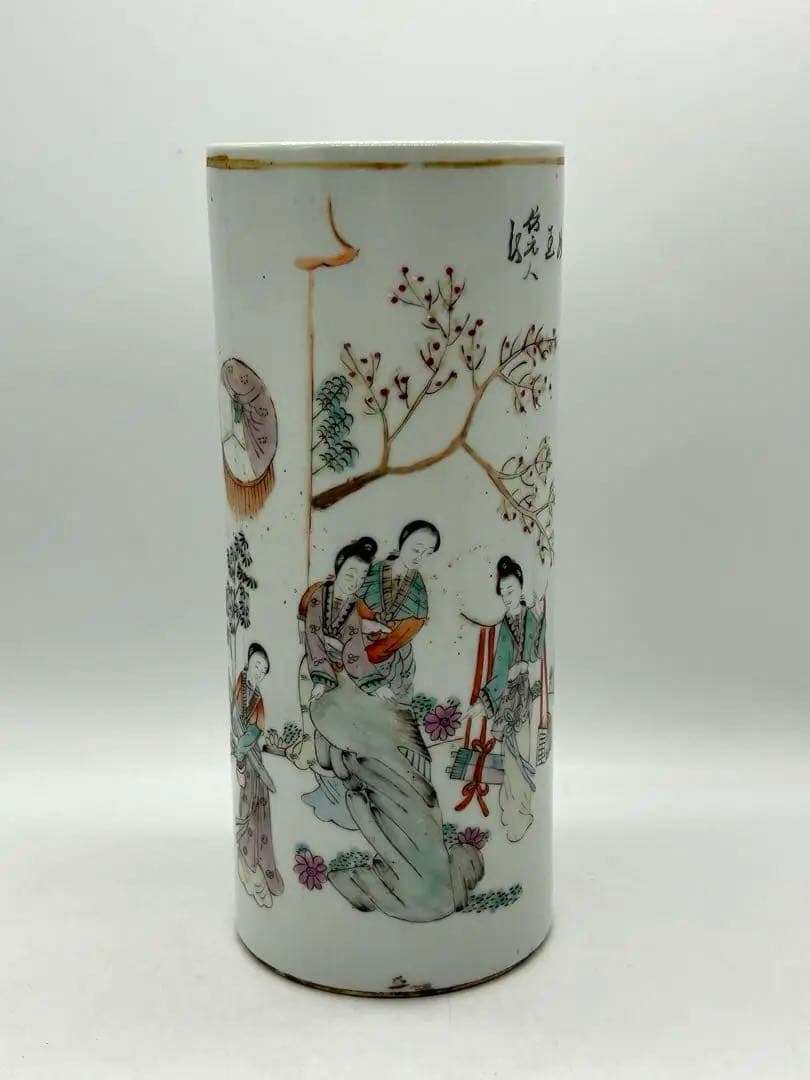 岐No28 中国　清時代　粉彩筆筒② 帽筒　美女図　同治年製　送料込み0503