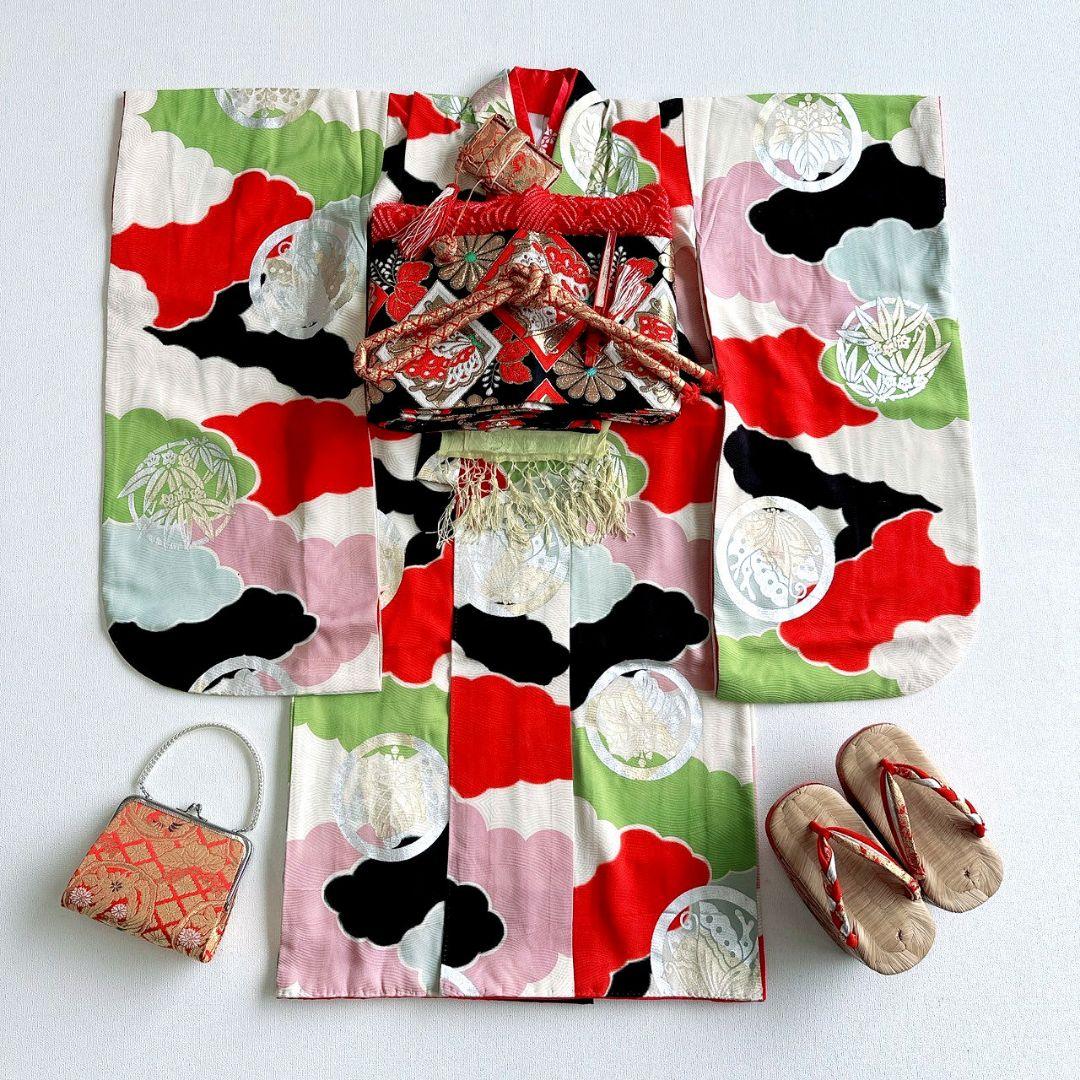 ぽっくりセット　昭和レトロ　七五三　７歳女の子　簡単半衿　黒丸帯　小物7082