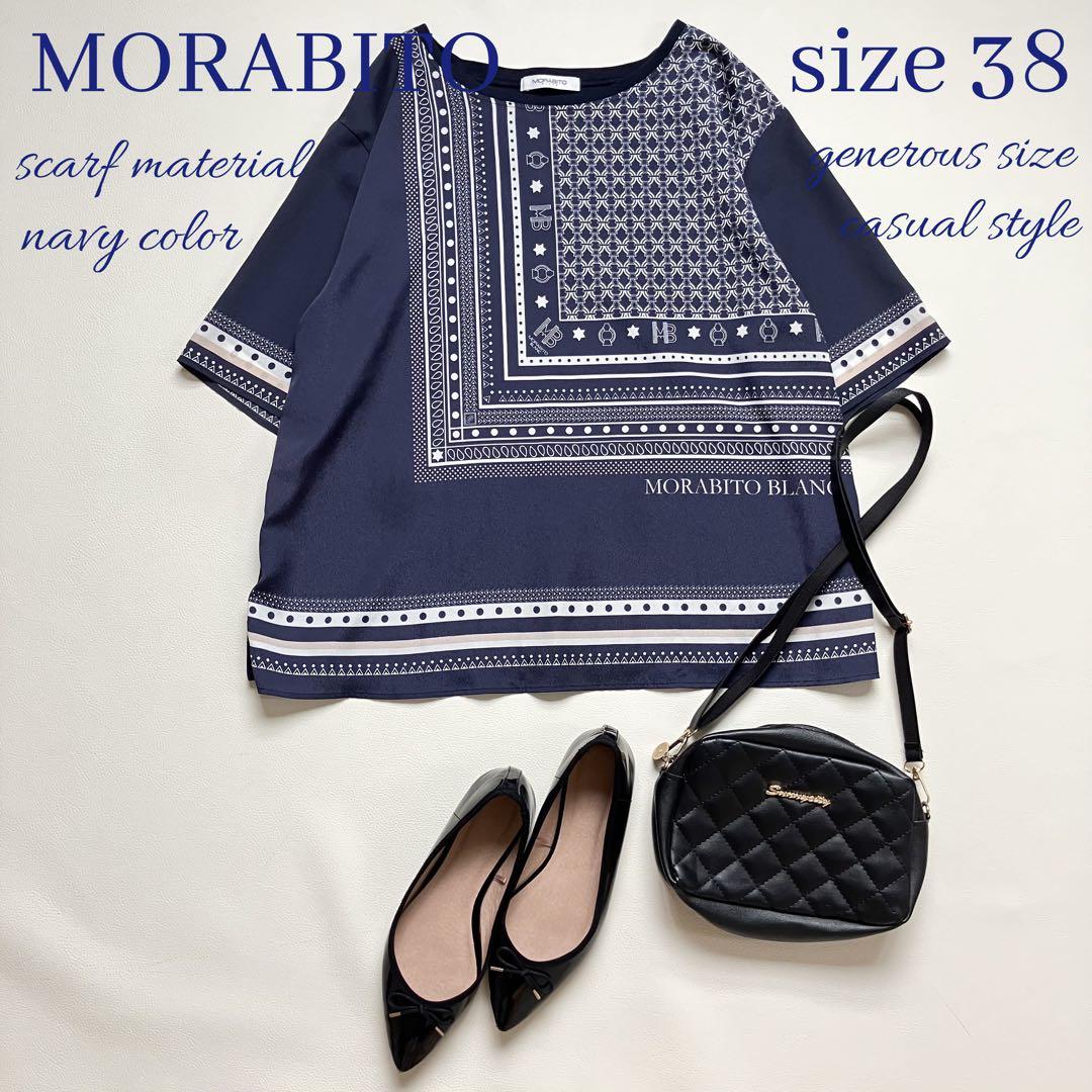 ◆美品◆MORABITO◆スカーフ柄風半袖ブラウス◆Tシャツ◆濃紺ネイビー◆M