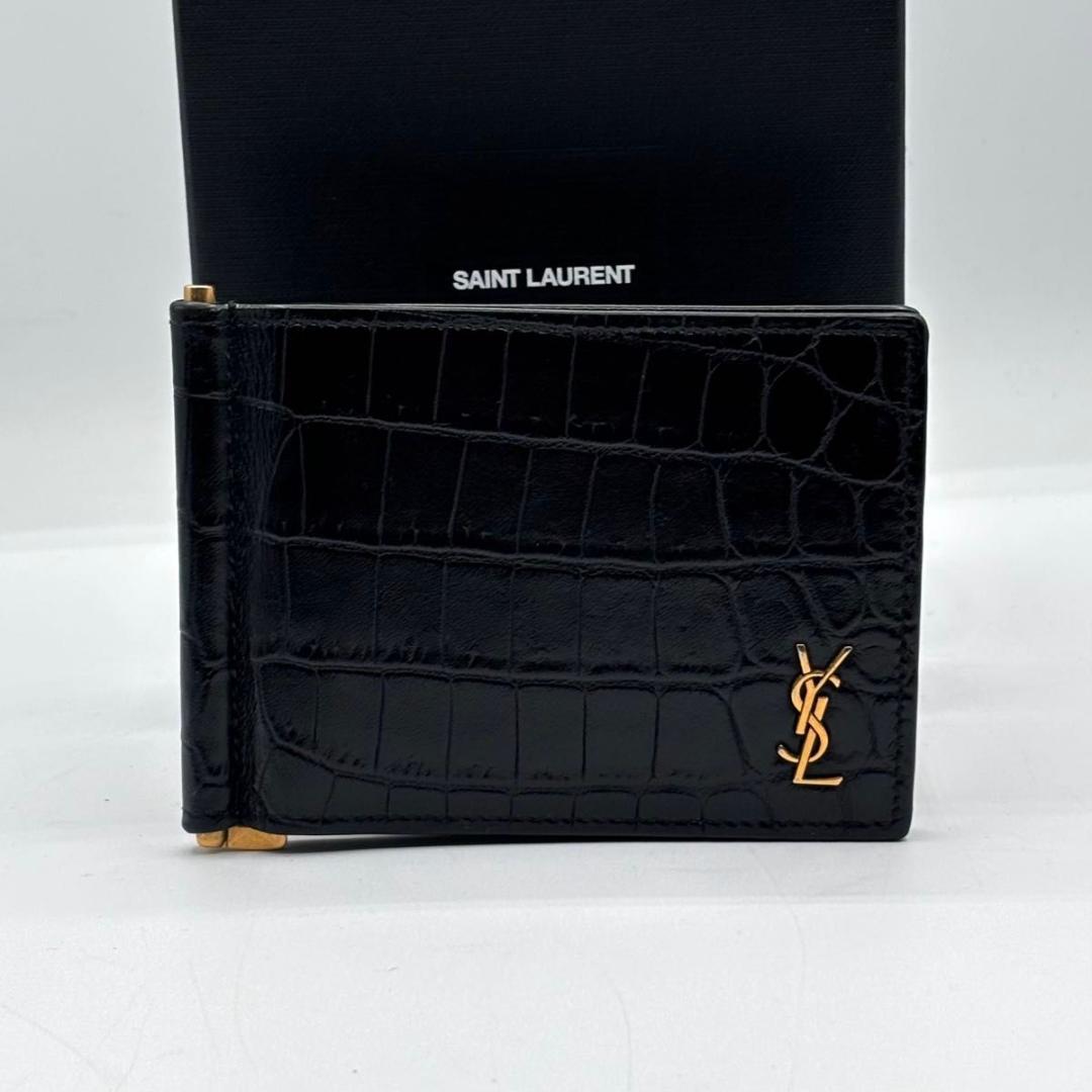 新品に近い 箱袋付属 サンローラン マネークリップ クロコ型押し YSLライン