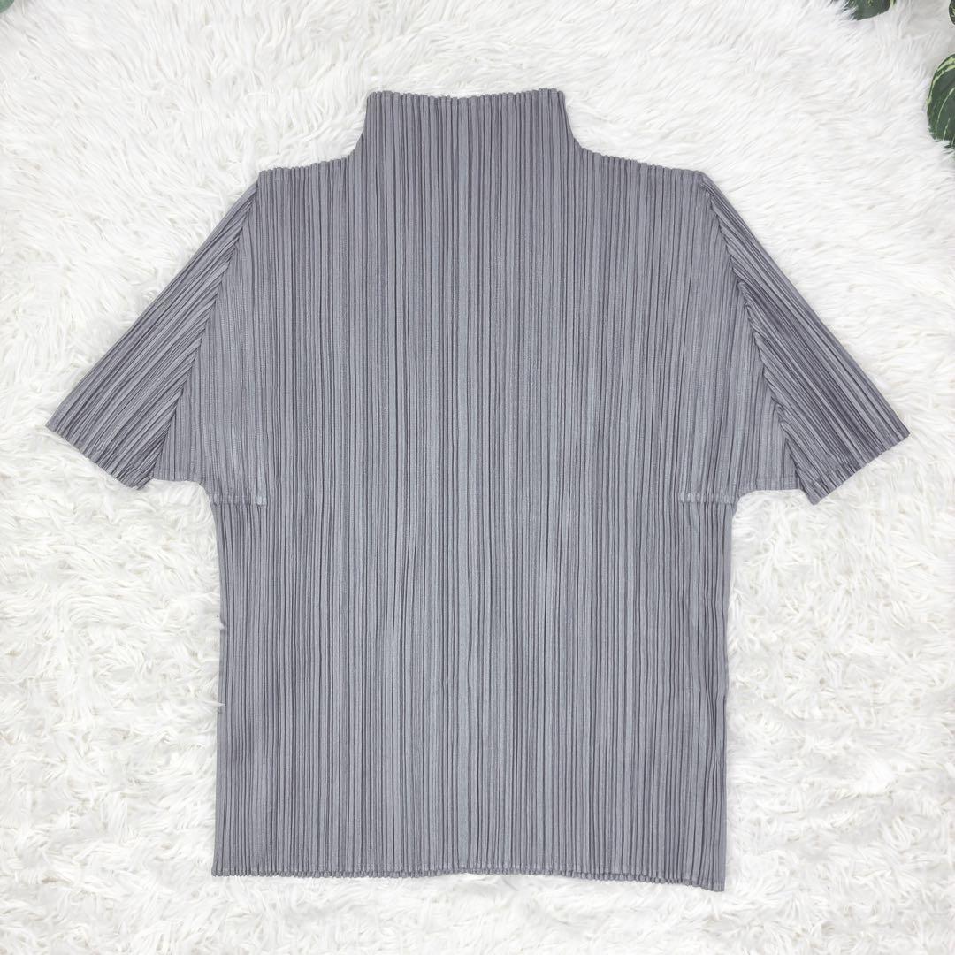 美品　プリーツプリーズ　ハイネック　半袖カットソー　3　ストレッチ　ライトグレー