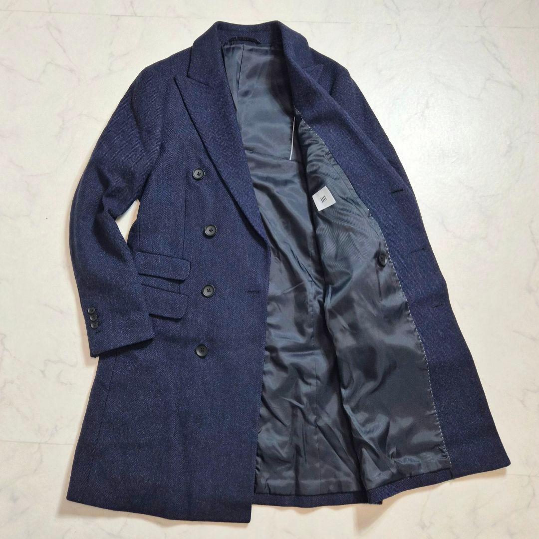 【美品】スーツセレクトヘリンボーン ダブルチェスターコート ネイビー M