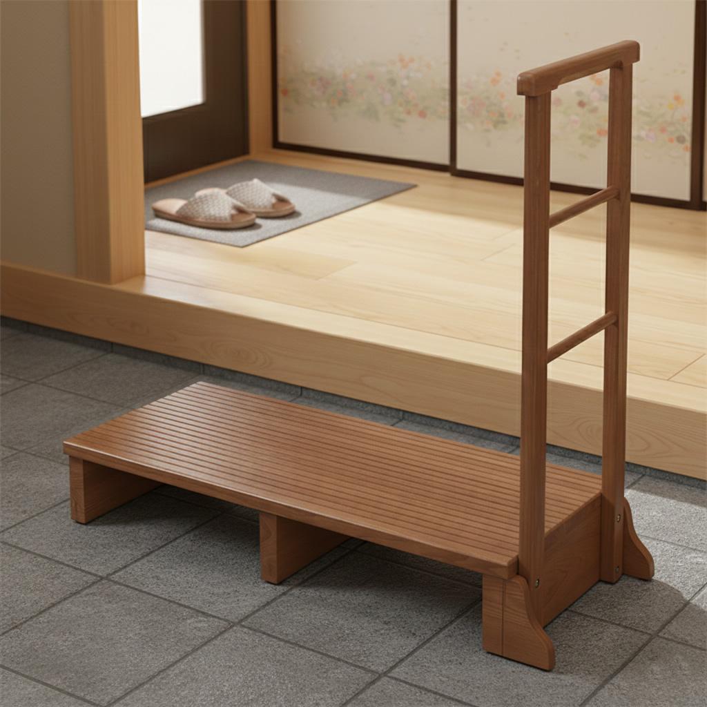 幅97cm【新品】天然木タモ無垢材 玄関踏み台 手すり付き 介護 転倒防止
