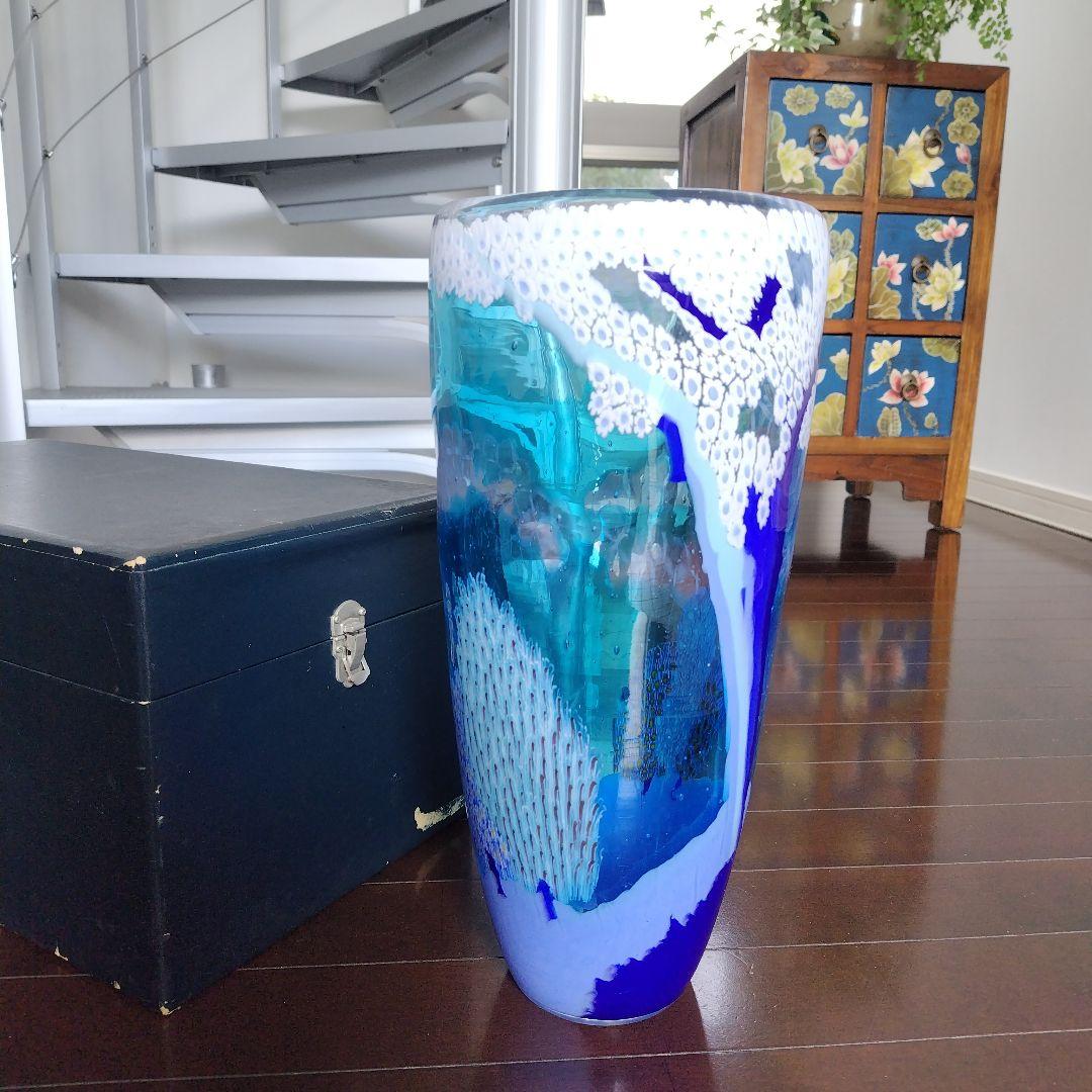 【海外骨董品】アンティークベネチアングラス murano フラワーベース ブルー